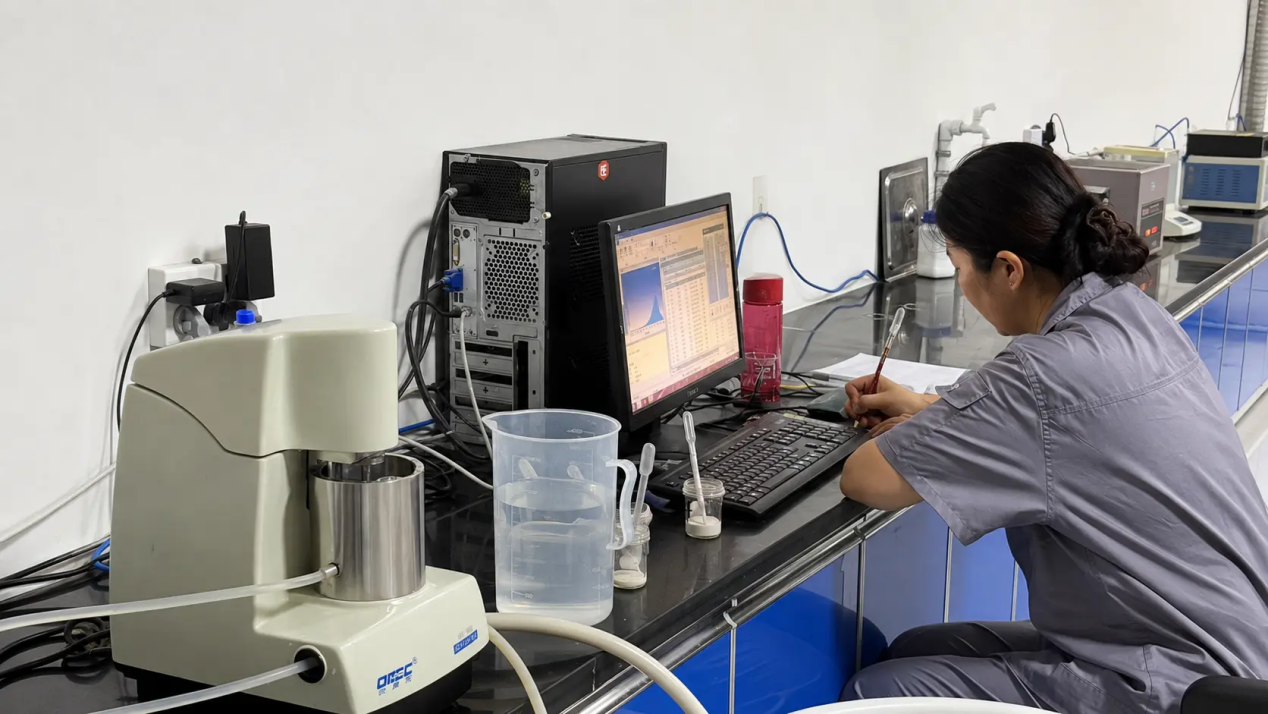 Technician recording particle-size analyzer results during in-process quality control